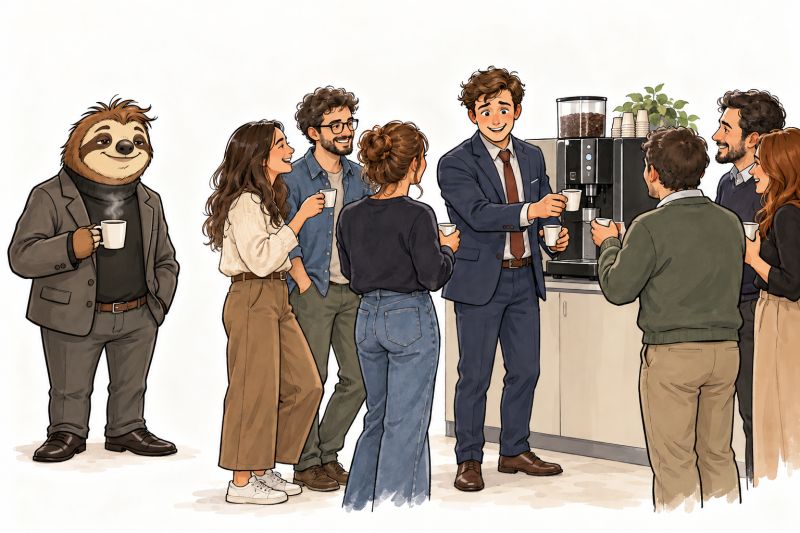 Alla macchinetta del caffè un gruppo di colleghi chiacchiera attorno a un uomo in giacca e cravatta; in disparte, il bradipo osserva con la tazza in mano.