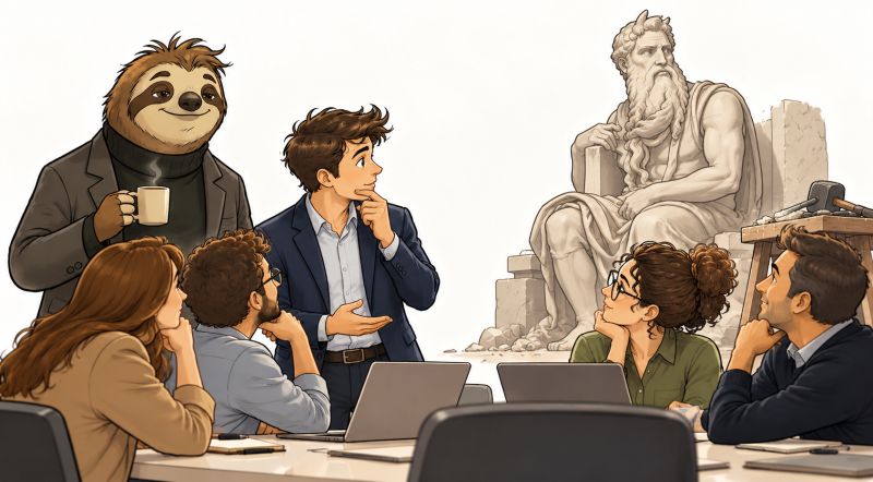 Il Mos&egrave; di Michelangelo con lo sguardo girato di lato; accanto, un giovane manager in riunione che si volta verso la sua squadra, osservato dal bradipo.