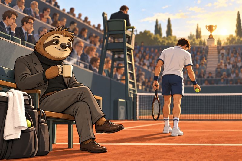 Un campo da tennis visto da bordo campo: un giocatore sulla linea di fondo fa rimbalzare la palla prima di servire, mentre il bradipo osserva con la tazza in mano.